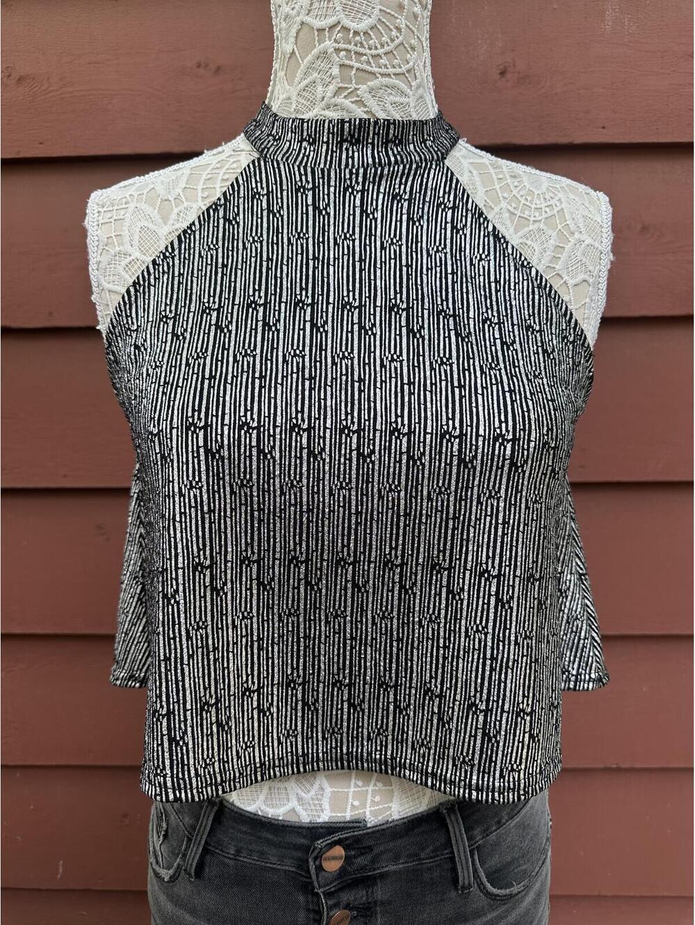 Stella Luca Y2K Black and White Textured Halter Crop Top